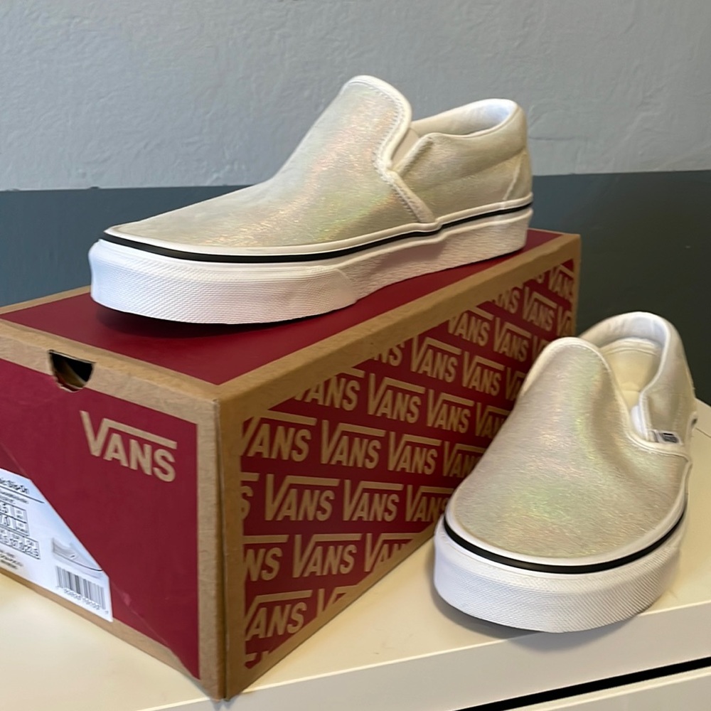 New Woman’s size 7 white holographic rainbow slip on vans shoes